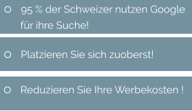 	95 % der Schweizer nutzen Google       für ihre Suche! 	Reduzieren Sie Ihre Werbekosten ! 	Platzieren Sie sich zuoberst!