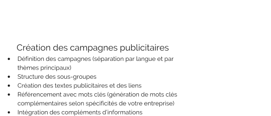 Création des campagnes publicitaires  •	Définition des campagnes (séparation par langue et par thèmes principaux) •	Structure des sous-groupes •	Création des textes publicitaires et des liens •	Référencement avec mots clés (génération de mots clés complémentaires selon spécificités de votre entreprise)  •	Intégration des compléments d’informations